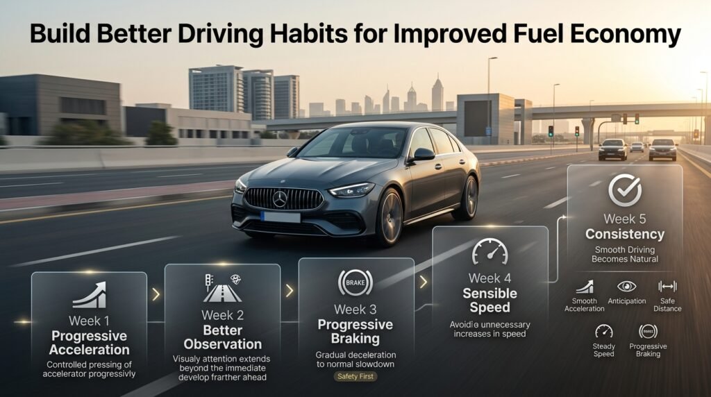Five-week driving habit plan showing smoother acceleration, better observation, progressive braking, sensible speed, and consistent driving.