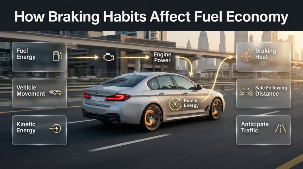 How braking habits affect fuel economy in Dubai, showing a car braking smoothly and conserving energy through better driving habits.