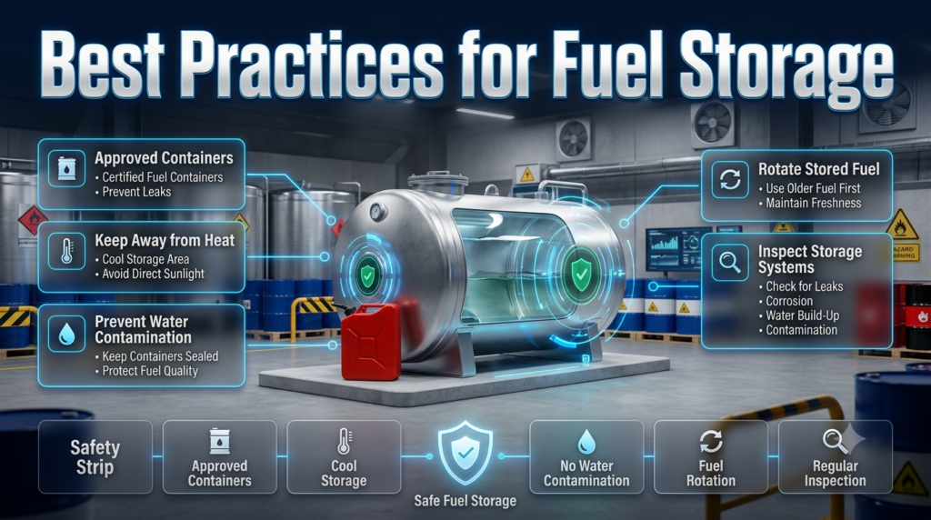 Professional infographic illustrating safe fuel storage practices, approved containers, contamination prevention, fuel rotation, and storage tank inspections.