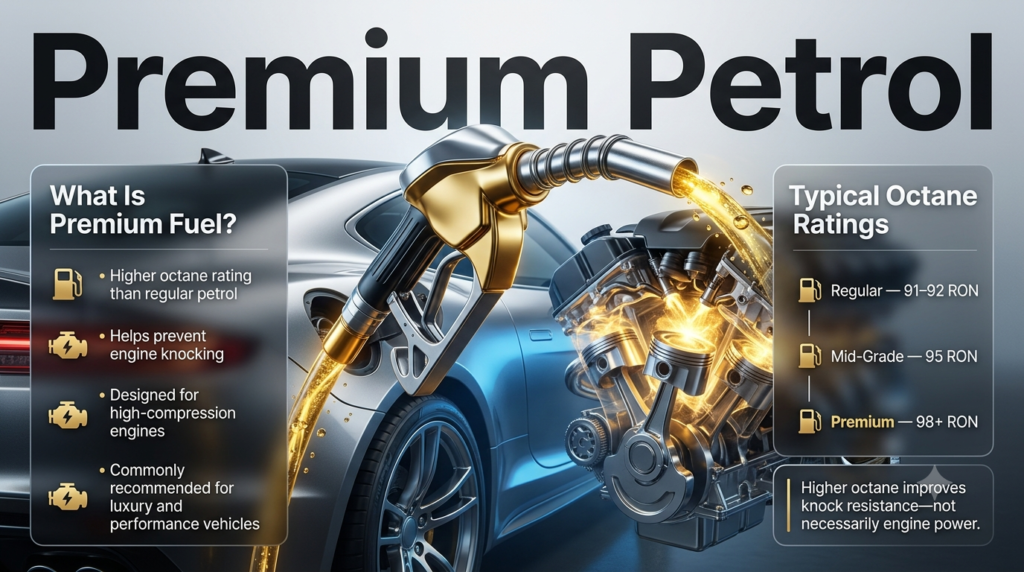 Premium petrol infographic featuring 98+ RON octane rating, fuel grade comparison, luxury sports car, premium fuel nozzle, and high-performance engine illustration.