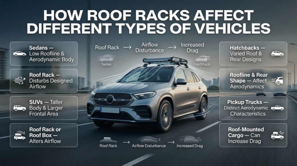 Infographic showing how roof racks affect sedans, SUVs, hatchbacks, and pickup trucks through airflow and vehicle design. 