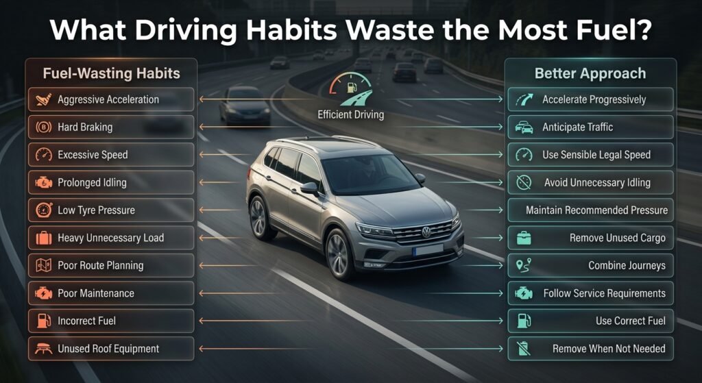 Fuel-saving infographic comparing driving habits that waste fuel with practical ways to improve acceleration, speed, tyres, and maintenance.