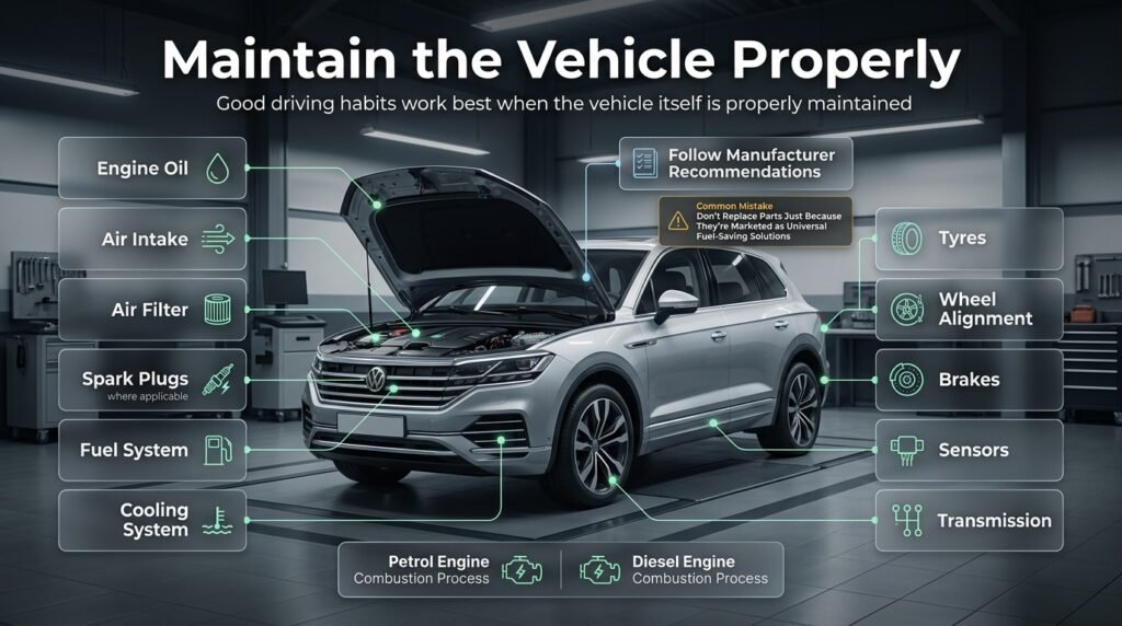 Vehicle maintenance infographic showing engine oil, air filters, tyres, brakes, sensors, cooling system, and transmission checks.