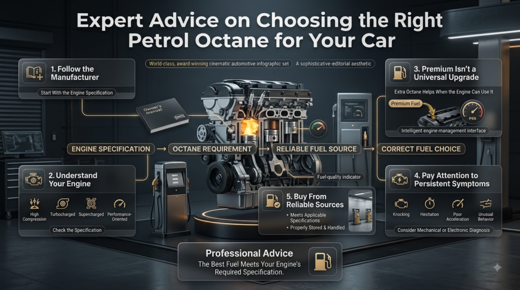 Expert petrol octane advice covering manufacturer specifications, engine type, premium fuel, persistent symptoms, and reliable fuel sources.