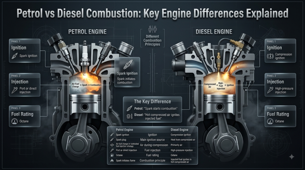 Petrol vs diesel combustion infographic comparing spark ignition, compression ignition, fuel injection, octane, and cetane.