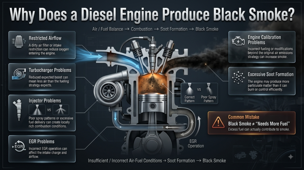 Diesel engine black smoke infographic showing soot formation, restricted airflow, turbo, injector, EGR, and calibration problems.