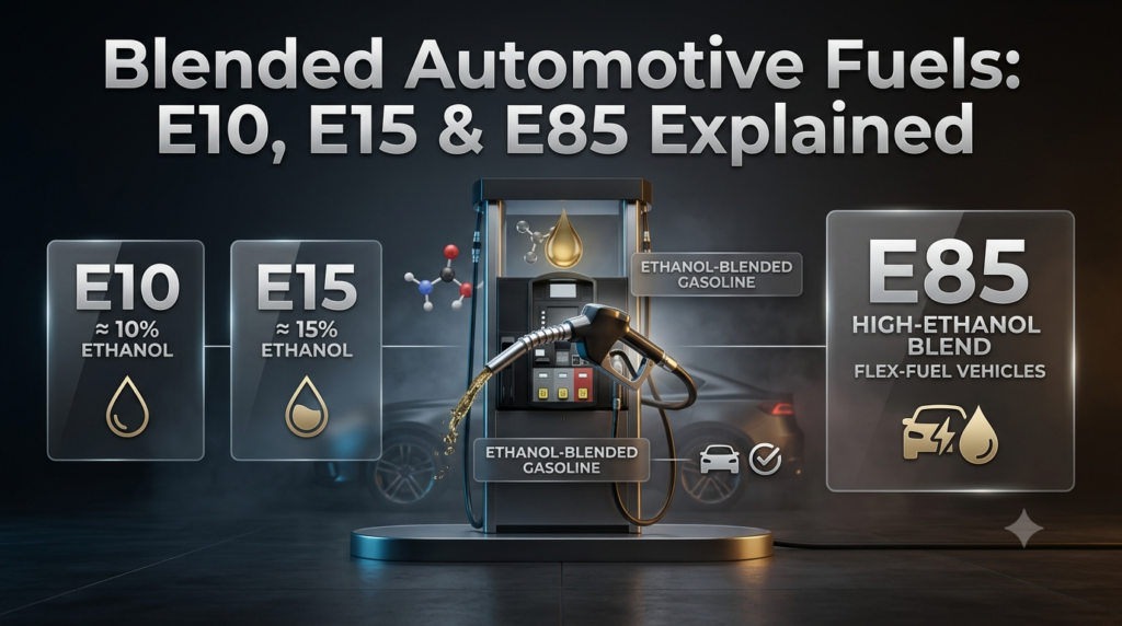 Blended automotive fuels infographic explaining E10, E15, E85, ethanol content and fuel compatibility