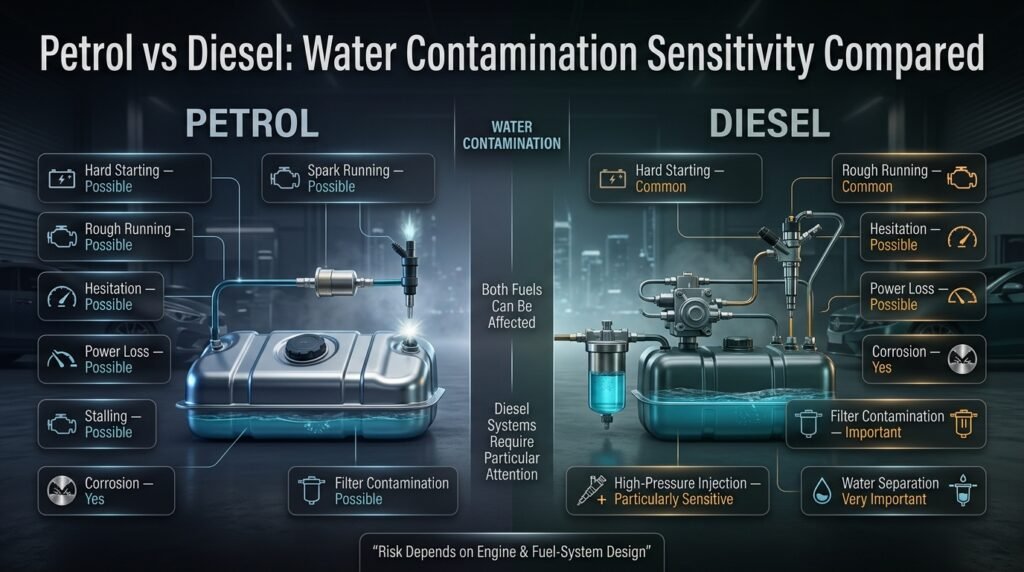 Petrol vs diesel comparison showing different sensitivity to water contamination, fuel-system risks, power loss, and engine symptoms.