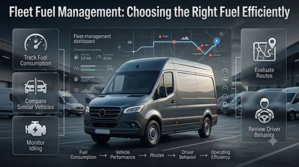Fleet fuel management infographic showing fuel tracking, vehicle comparison, idling, route planning and driver behavior