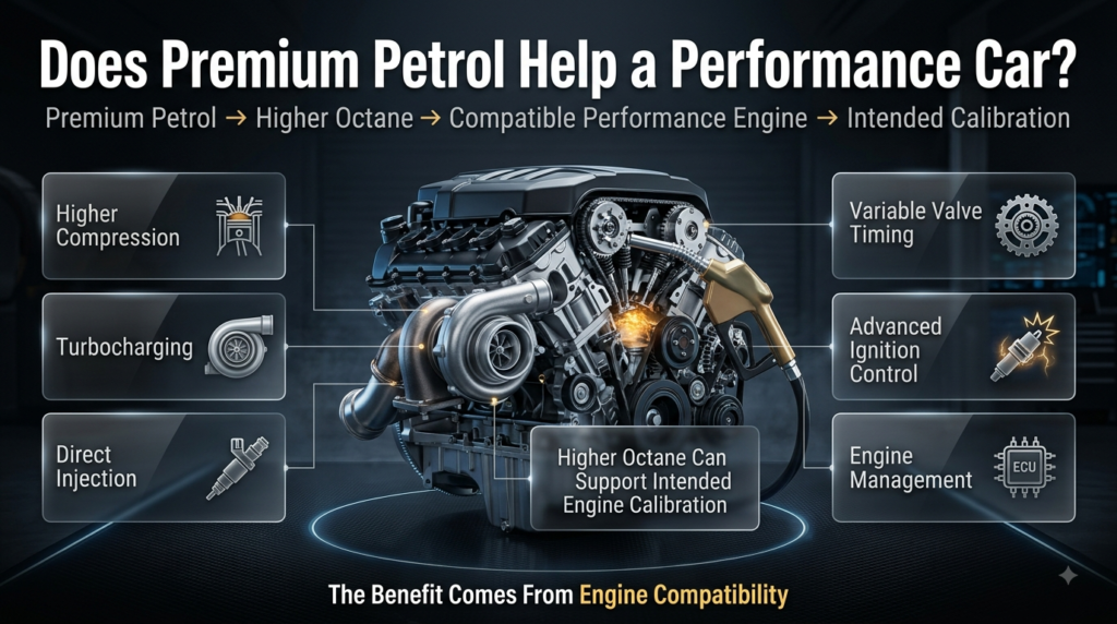 Premium petrol and performance cars showing higher compression, turbocharging, direct injection, and engine compatibility.