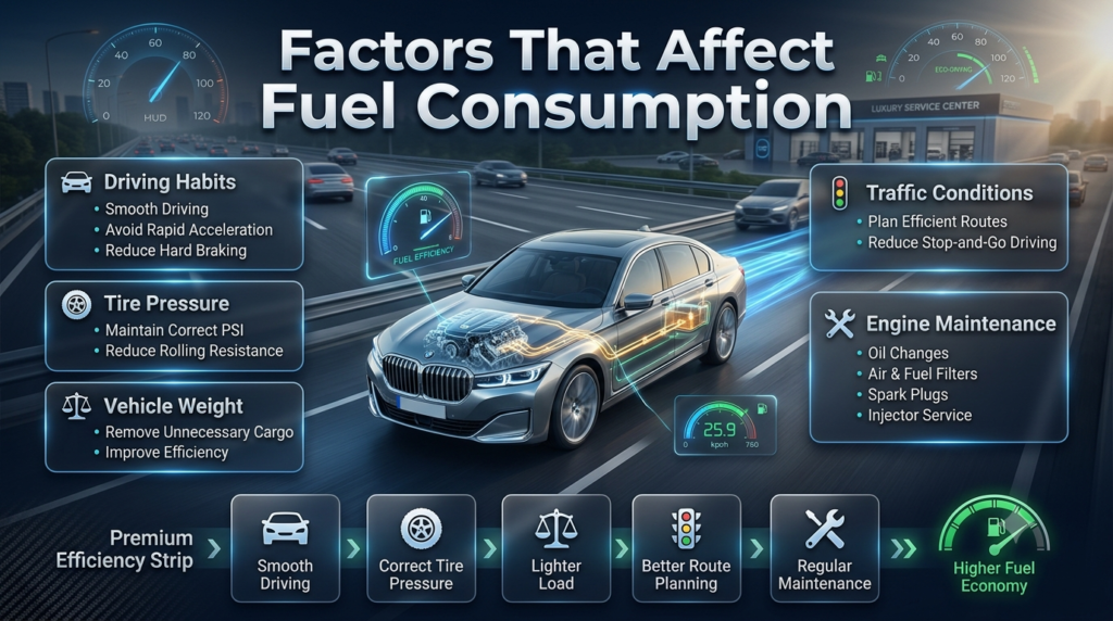 Automotive infographic showing the main factors affecting fuel consumption, including driving habits, tire pressure, vehicle weight, traffic conditions, and engine maintenance.