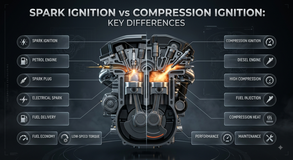 Spark ignition vs compression ignition comparison showing petrol and diesel combustion, spark plugs, fuel injection, and compression.