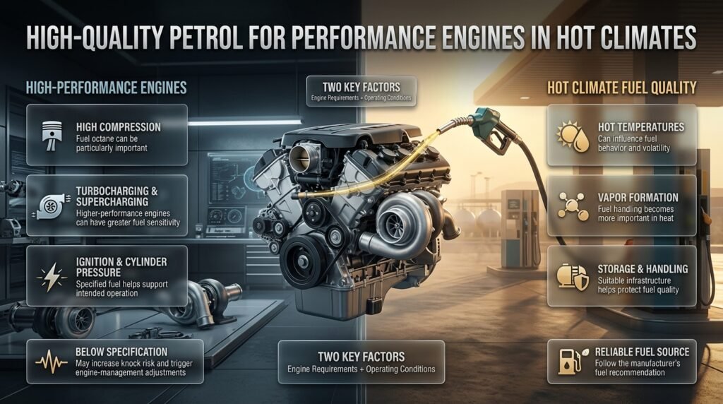 High-quality petrol infographic showing performance engines, octane requirements, turbocharging, high temperatures, and fuel handling
