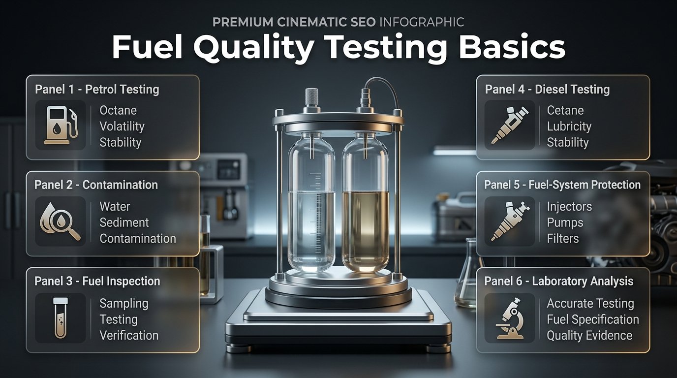 Fuel quality testing basics showing petrol and diesel testing, contamination checks, octane, water, sediment, and laboratory analysis. Fuel Quality Testing Basics for Petrol and Diesel