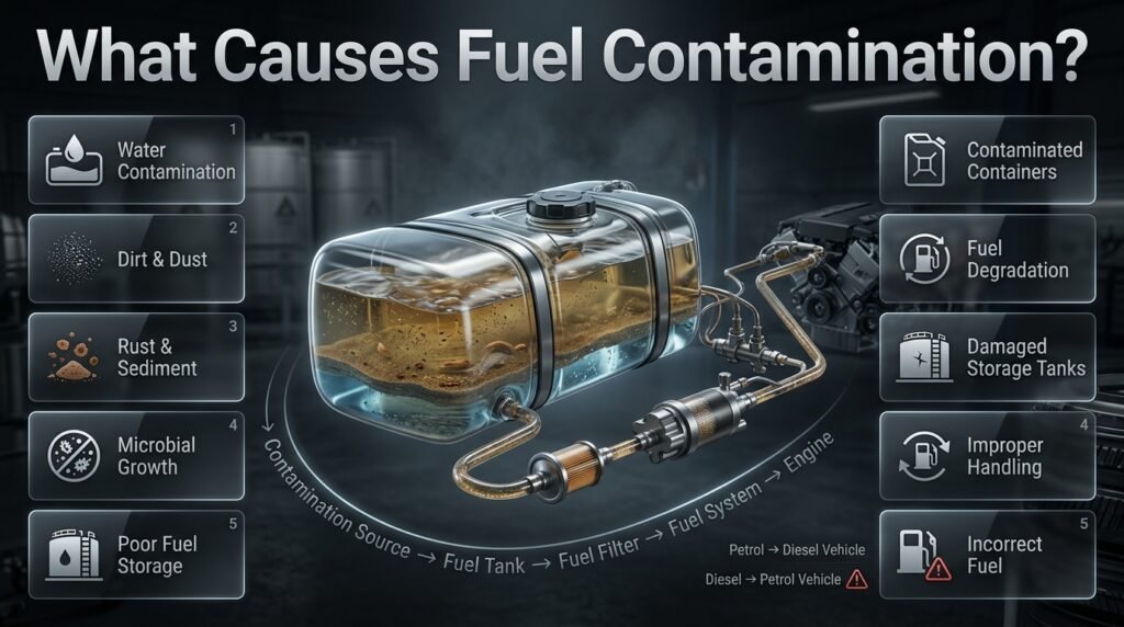 What causes fuel contamination, including water, dirt, rust, sediment, microbes, poor storage, and incorrect fuel in vehicles