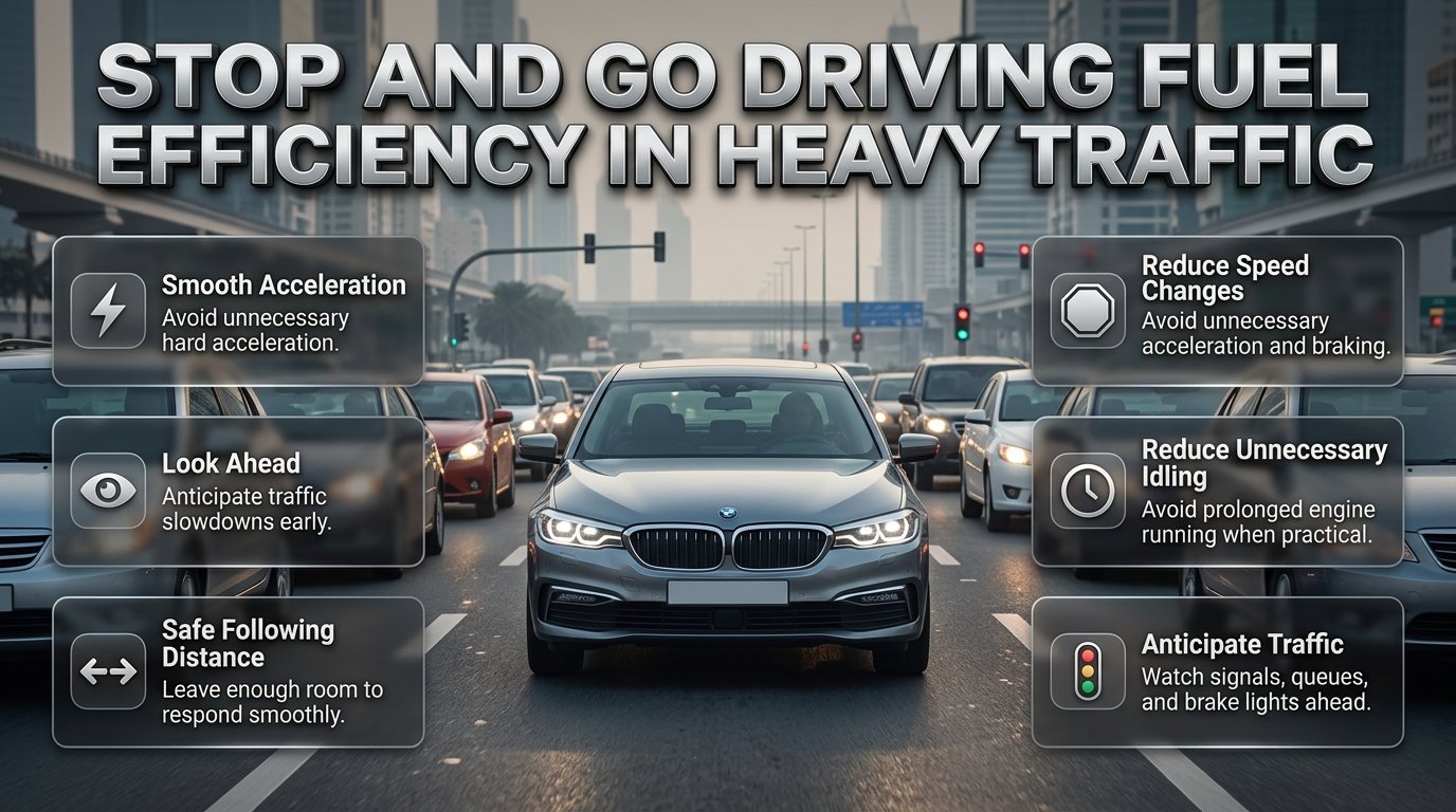 Stop and go driving fuel efficiency infographic showing a car in Dubai traffic with smooth driving and fuel-saving tips Stop and Go Driving Fuel Efficiency in Heavy Traffic
