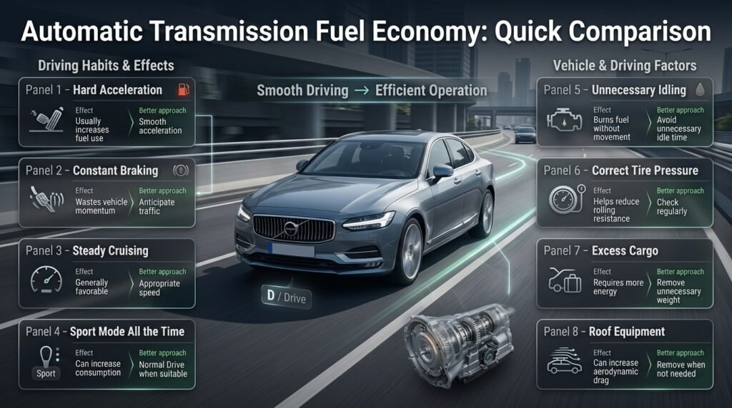 Automatic transmission fuel economy comparison showing acceleration, braking, cruising, idling, tire pressure, cargo, and roof equipment.