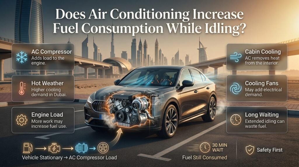 Car idling with air conditioning in Dubai, showing AC compressor load, cooling demand, fuel consumption, and hot-weather effects.