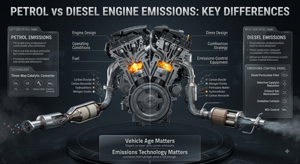 Petrol vs diesel engine emissions comparison showing CO2, NOx, particulates, catalysts, DPF, SCR, and EGR systems.