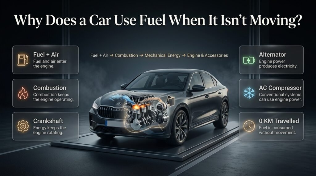 Car engine consuming fuel while stationary, showing combustion, alternator, AC compressor, and zero-distance fuel consumption.