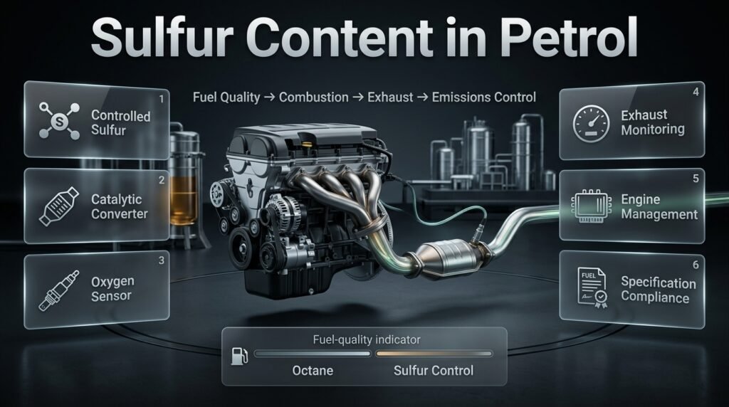 Petrol sulfur content infographic showing emissions control, catalytic converters, oxygen sensors, and fuel quality standards