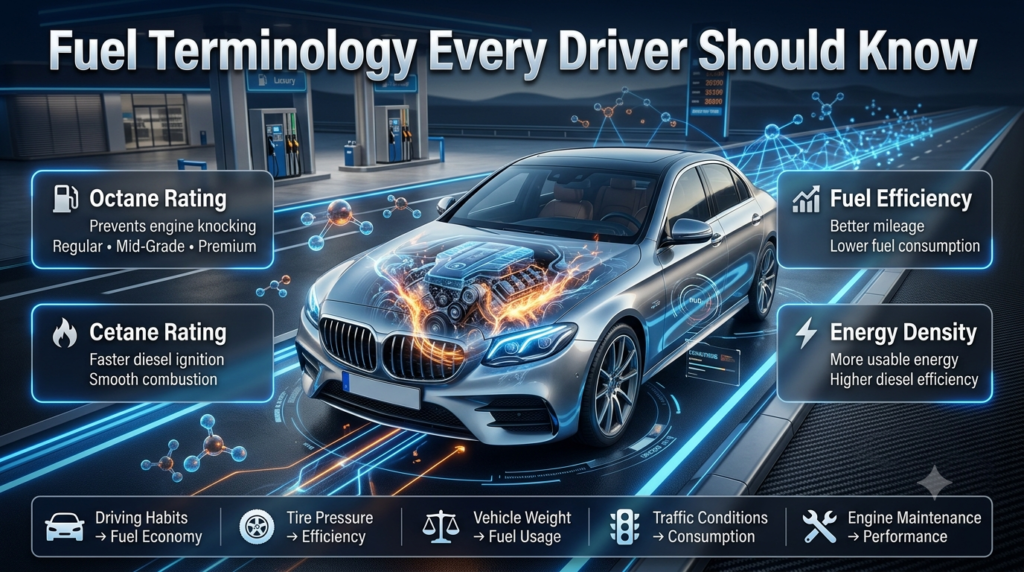 Infographic explaining octane rating, cetane rating, fuel efficiency, and energy density with automotive icons and fuel performance comparisons.