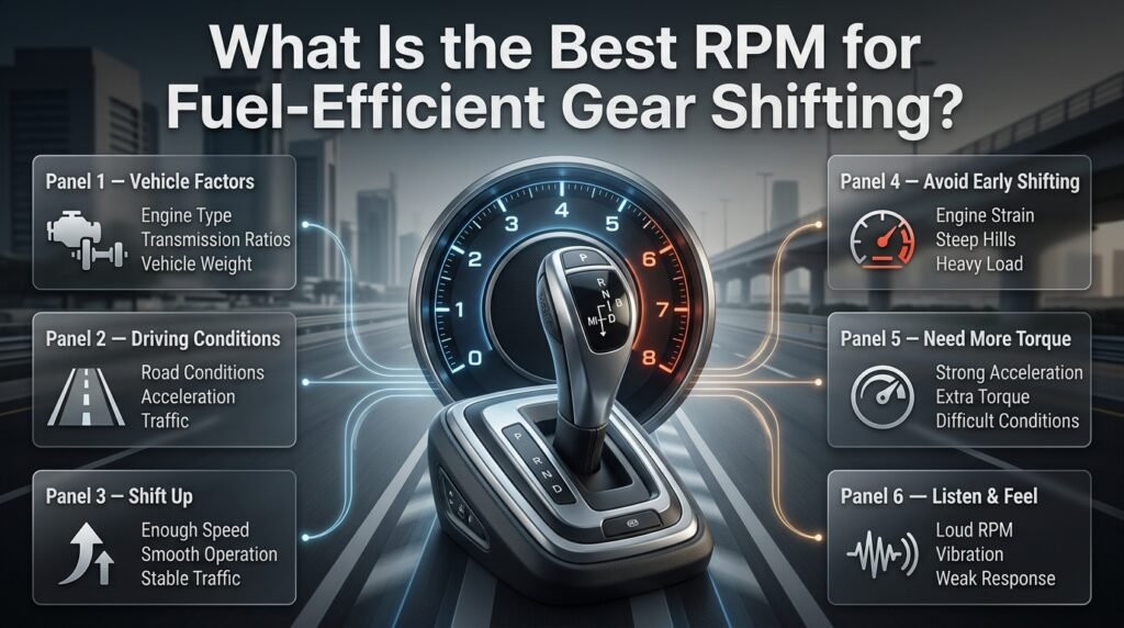 Fuel-efficient gear shifting infographic showing RPM, shift-up timing, engine load, hills, vehicle weight, and smooth driving.