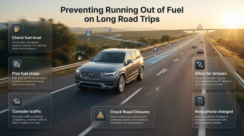 Fuel planning tips showing a driver checking fuel level, planning stops, avoiding an empty tank, and preparing for long journeys safely.