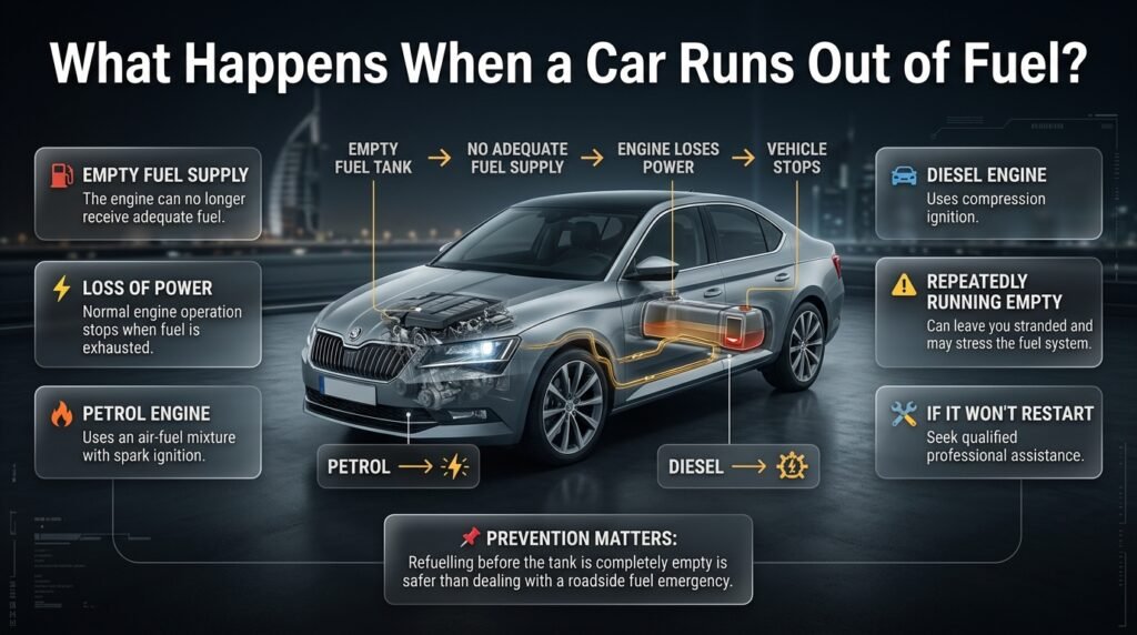 Modern car with an empty fuel tank showing fuel system operation and potential effects of running completely out of fuel