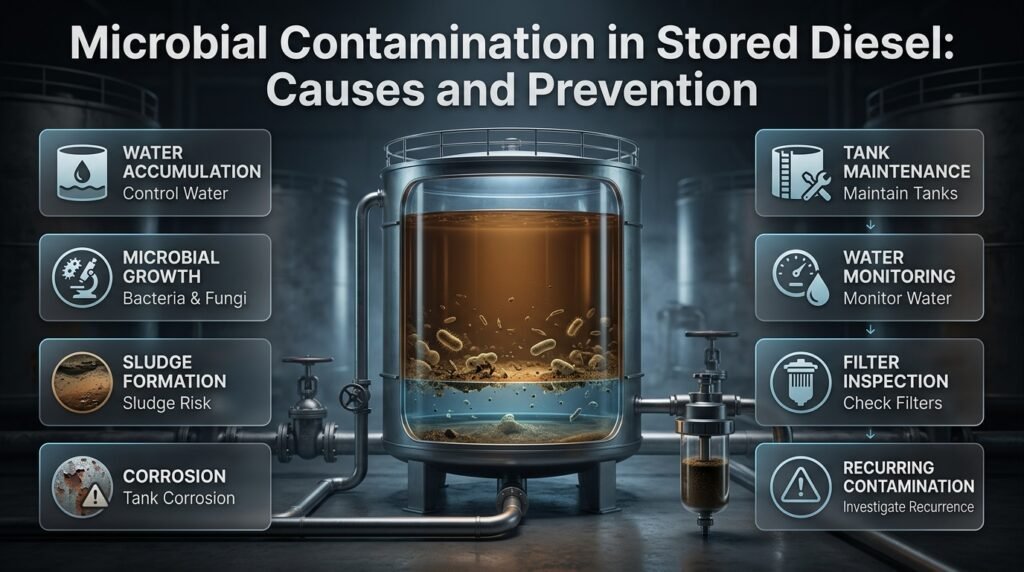 Stored diesel infographic showing microbial growth at the fuel-water interface, sludge, filter blockage, corrosion, and prevention.