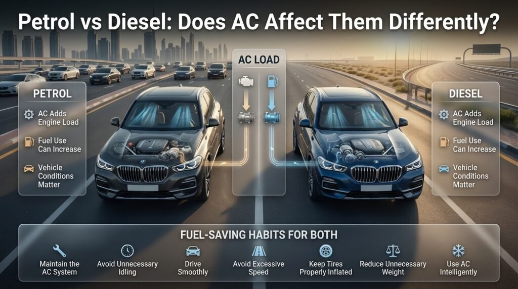 Petrol vs diesel cars showing how air conditioning adds engine load and affects fuel consumption under different driving conditions.
