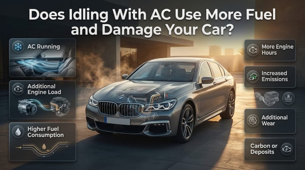 Car idling with AC in Dubai showing increased fuel use, engine load, emissions, and effects of prolonged idling on vehicle health.