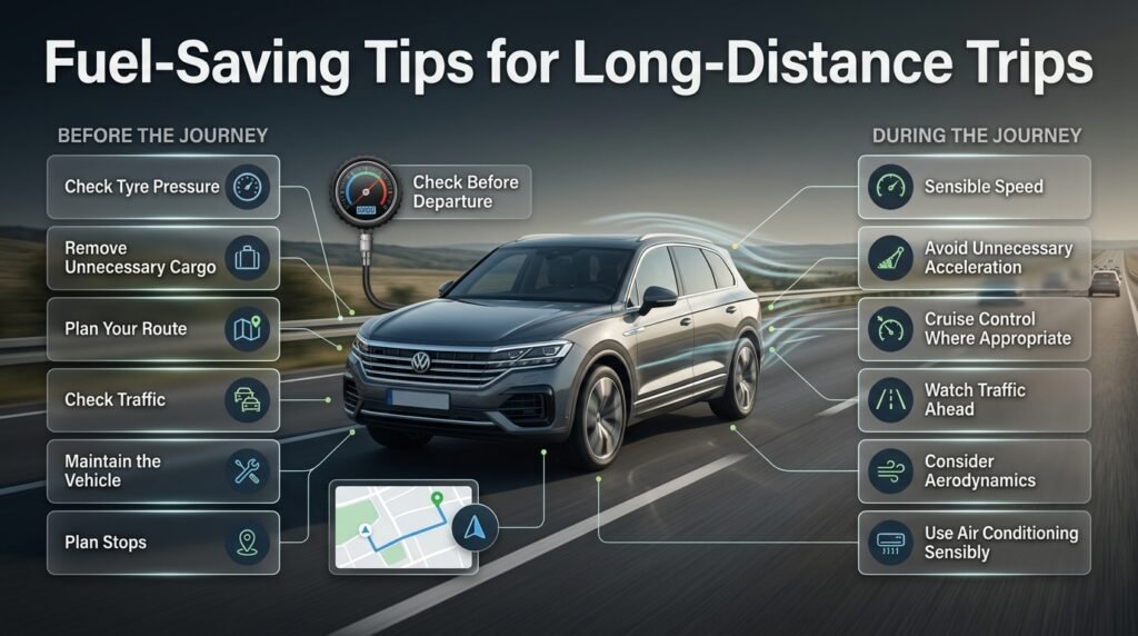Long-distance fuel-saving infographic showing tyre checks, route planning, sensible speed, cruise control, traffic awareness, and vehicle preparation.