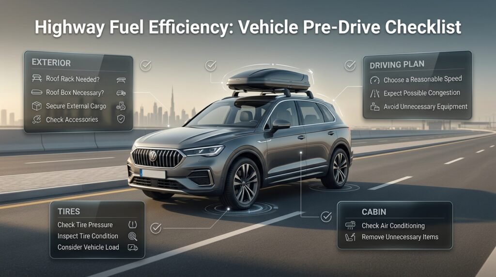 Highway fuel efficiency checklist showing roof equipment, tires, vehicle load, cruising speed, air conditioning, and travel planning.
