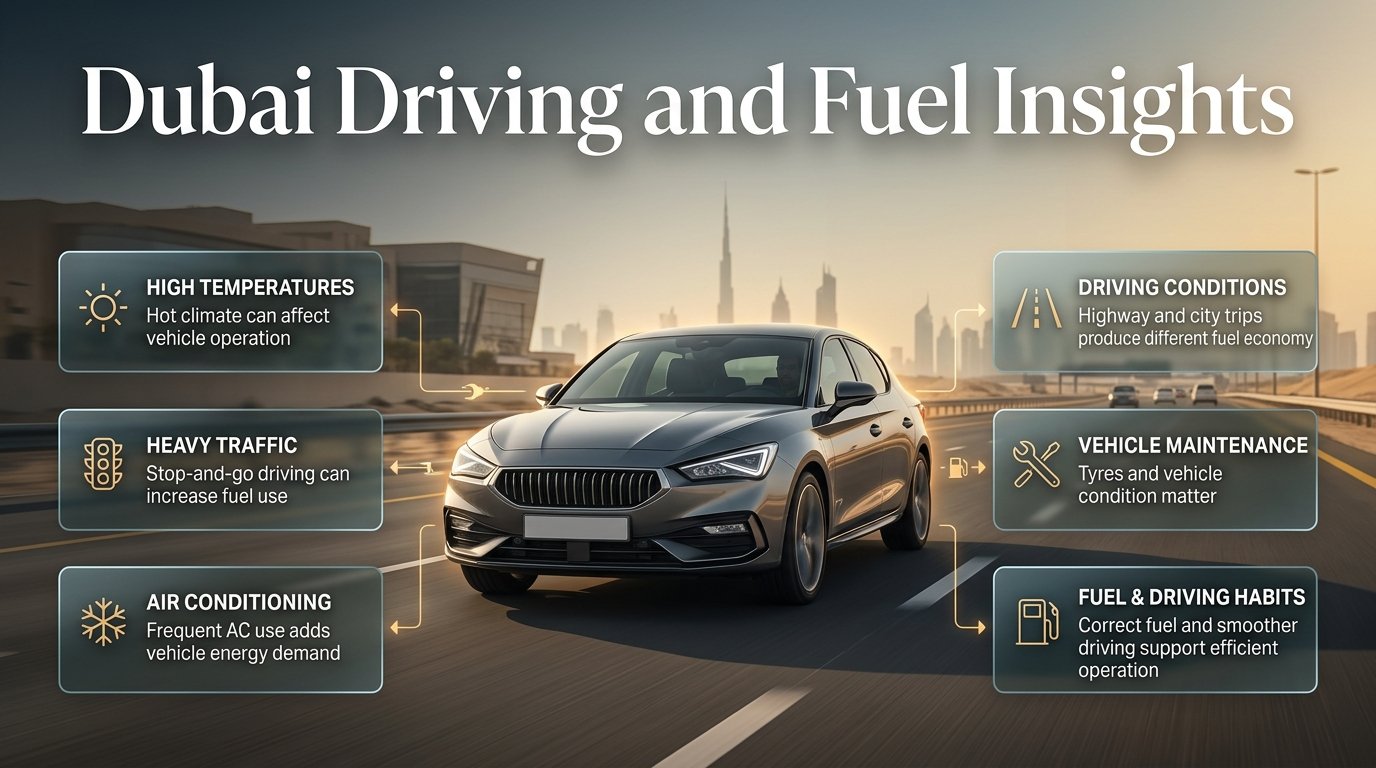 Dubai driving and fuel insights showing a car, fuel efficiency, hot weather, traffic, air conditioning and smart driving habits. Dubai Driving and Fuel Insights | Fuel Efficiency Guide
