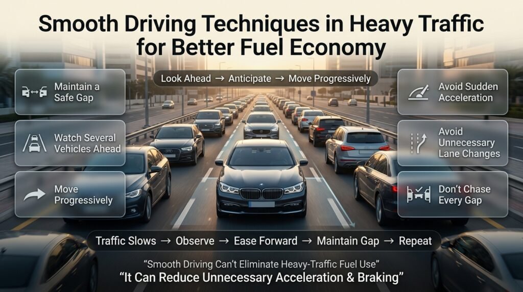 Driver using smooth stop-and-go techniques in heavy traffic with a safe gap, gradual movement, and reduced unnecessary acceleration and braking.