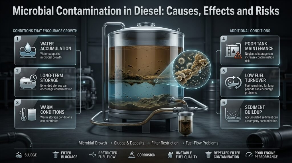Microbial contamination in diesel showing water, sludge, fuel-filter blockage, corrosion, and fuel-flow problems in a diesel system.