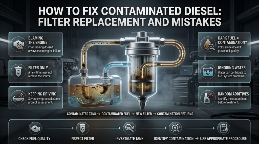 How to fix contaminated diesel by checking fuel filters, contamination sources, water, fuel quality, and common diagnostic mistakes.