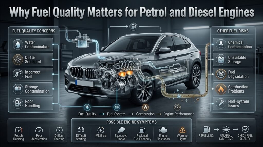 Fuel quality comparison showing petrol and diesel engine performance, contamination risks, fuel-system problems, and warning symptoms.