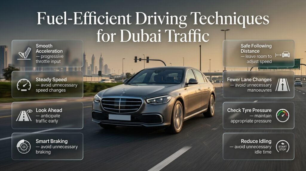 Fuel-efficient driving techniques showing smooth acceleration, steady speed, smart braking, tyre care, and Dubai traffic habits.