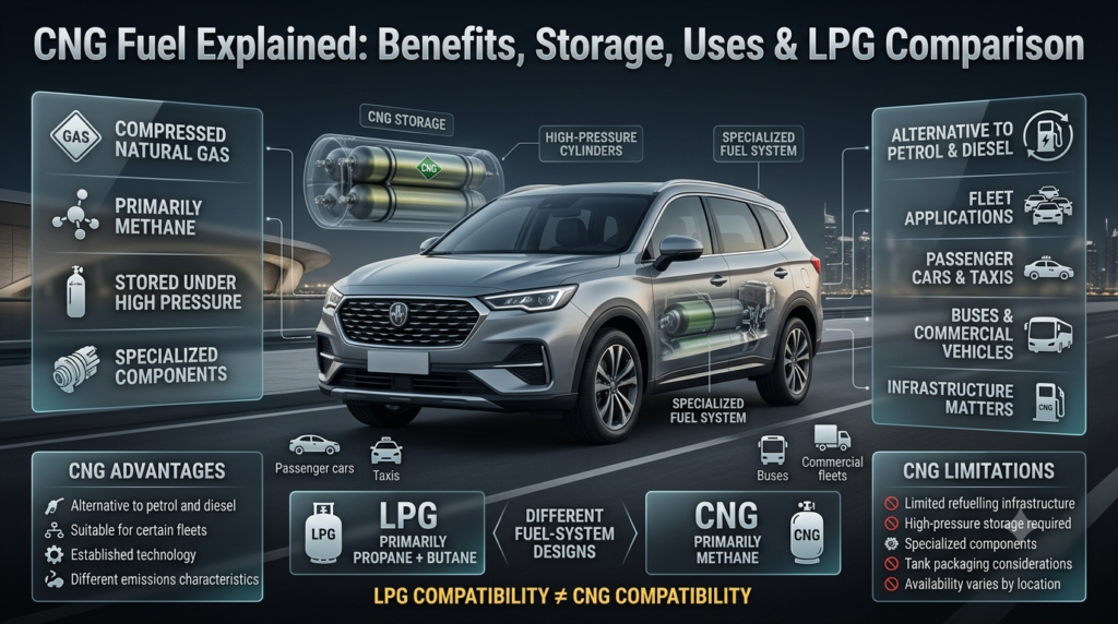 CNG automotive fuel infographic showing compressed natural gas storage, vehicle use, benefits, limitations and LPG comparison.