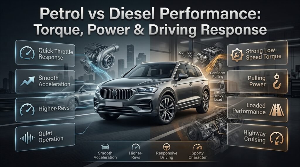 Petrol vs diesel performance comparison showing acceleration, torque, throttle response, highway cruising, and loaded vehicle capability.