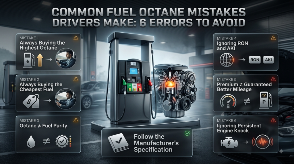 Fuel octane mistakes infographic showing wrong octane choices, RON vs AKI, fuel quality and engine knock