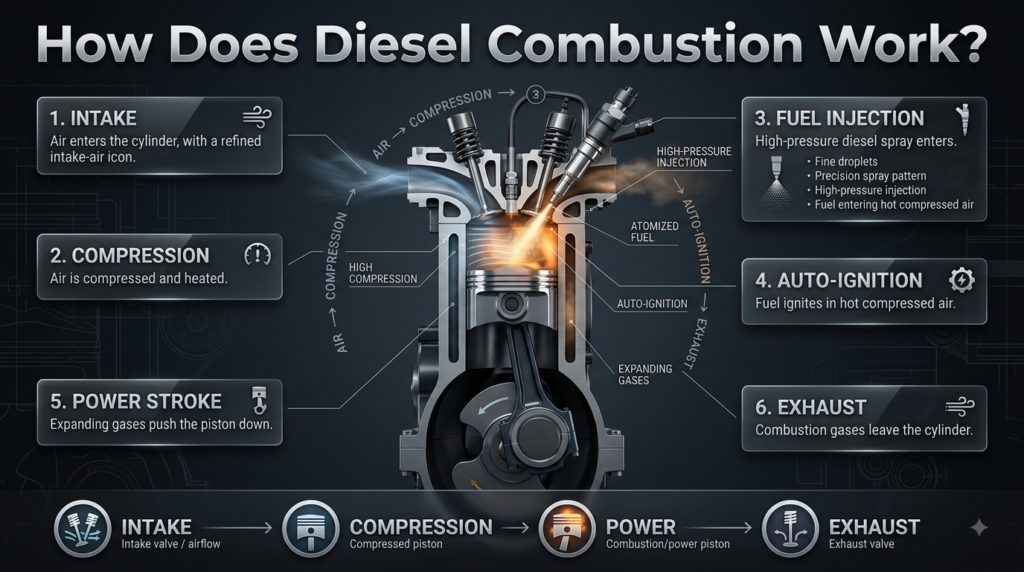 Diesel combustion infographic showing air compression, high-pressure fuel injection, auto-ignition, power stroke, and exhaust.