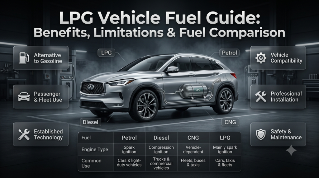 LPG vehicle fuel infographic comparing LPG, petrol, diesel and CNG with applications, benefits, limitations and compatibility