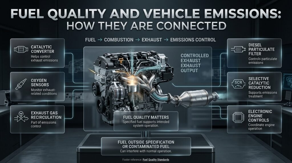 Fuel quality and emissions infographic showing combustion, catalytic converters, oxygen sensors, EGR, DPF, SCR, and engine controls