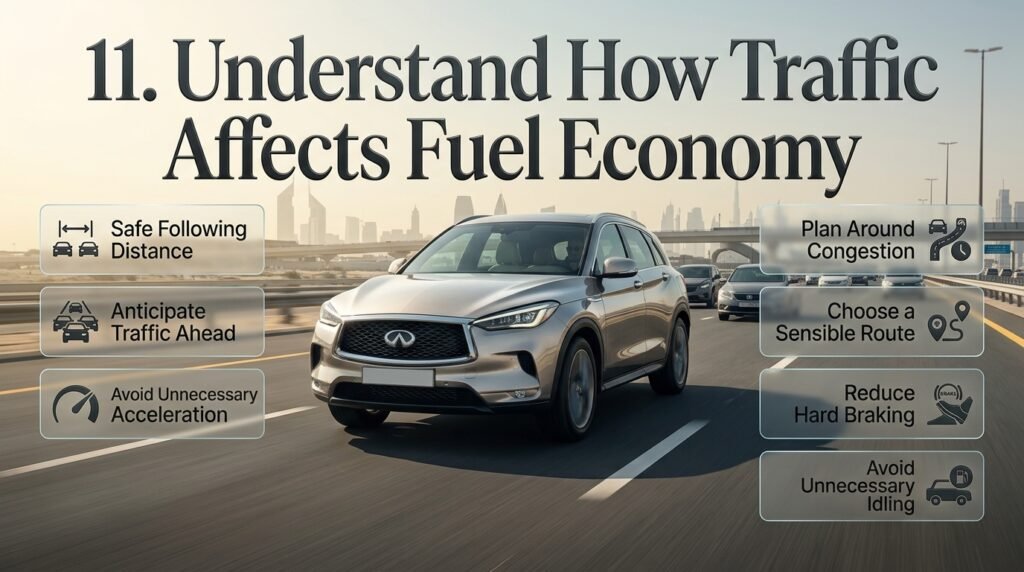 Traffic and fuel economy infographic showing smooth driving, safe following distance, route planning, and reduced idling in Dubai.