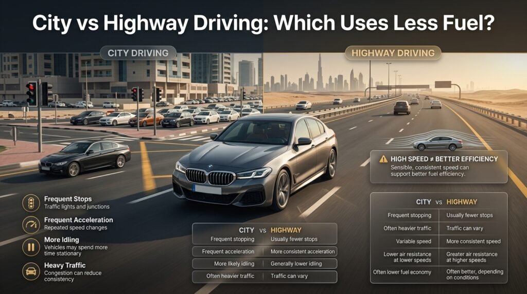 City vs highway driving comparison showing traffic, acceleration, idling, speed, air resistance and fuel economy differences.