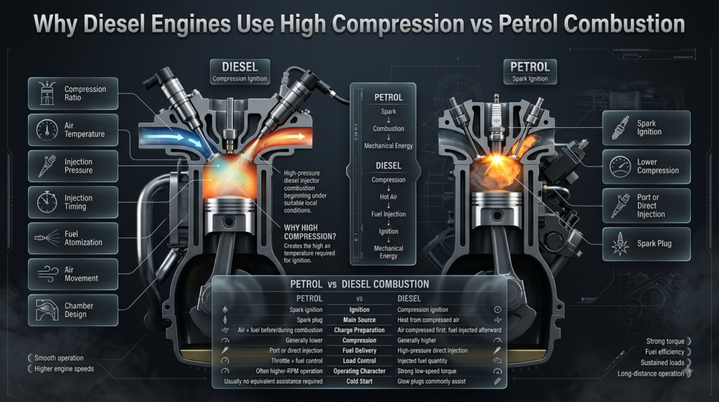 Diesel high compression raises air temperature for ignition, compared with spark ignition and lower compression in petrol engines.