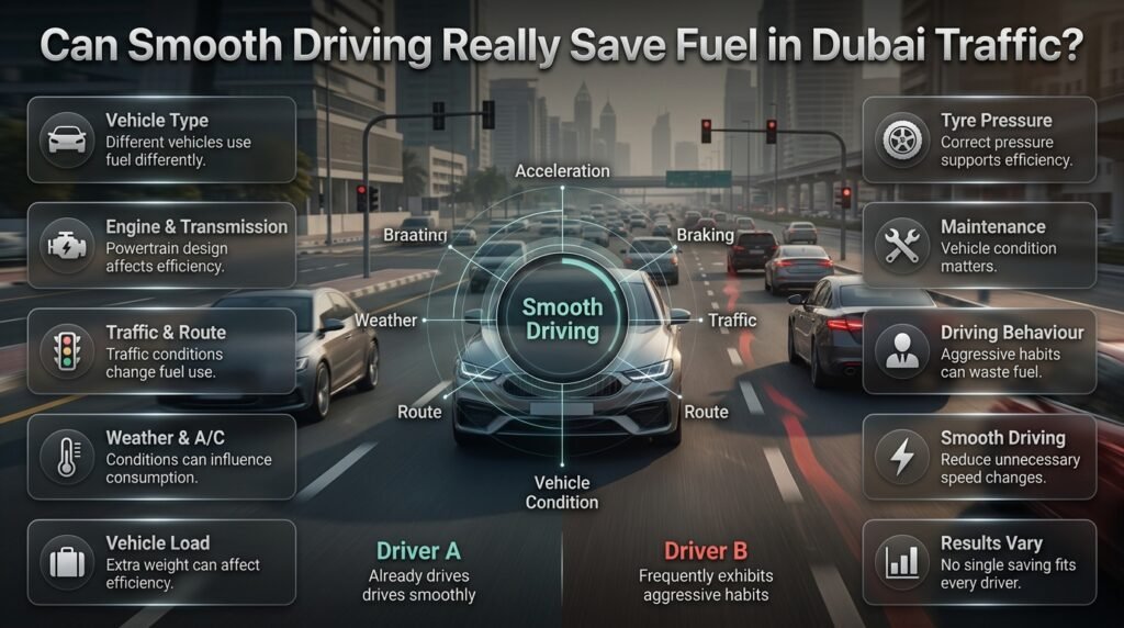 Smooth driving fuel efficiency infographic showing a car in Dubai traffic with factors affecting fuel savings and driving behaviour